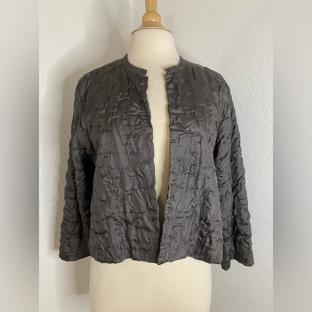 Eileen Fisher Textured Crinkle Charcoal Open Front Jacket/Blazer 100% Silk